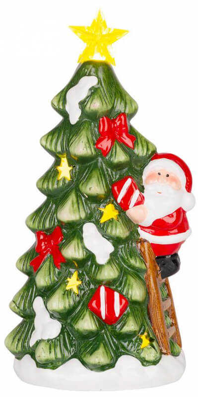 vianočný stromček so santom s LED osvetlením počet LED je 2 farba LED biela teplá napájaný na 2x LR44 batérie s rozmermi 11x8,7x21,5 cm a váhou 0,46kg z materialu terakota